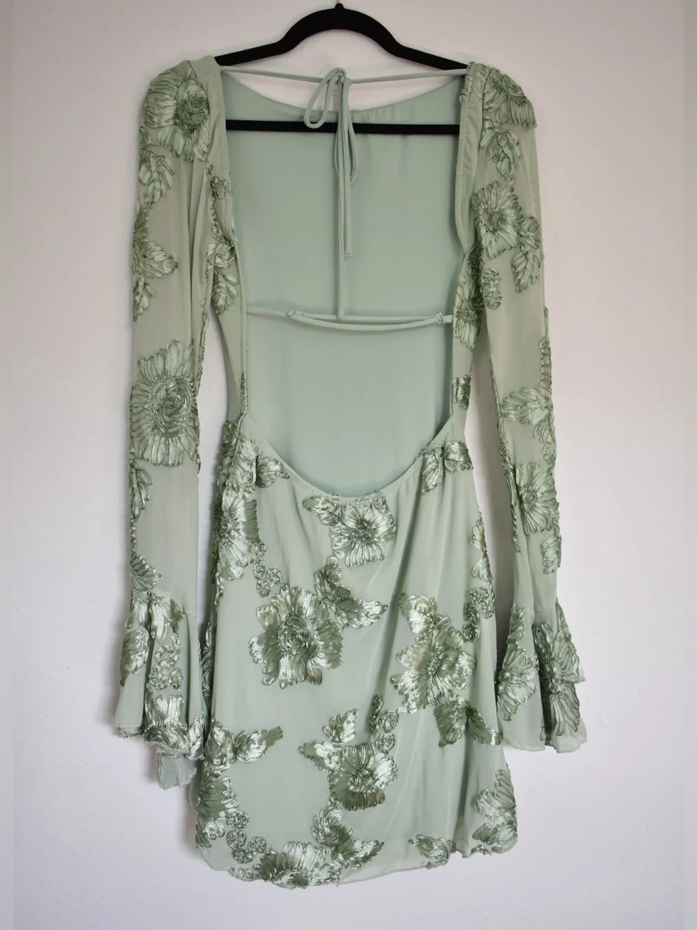 Hello Molly LOVE NOTES ONLY LONG SLEEVE Mesh MINI DRESS SAGE size Large - Picture 6 of 7